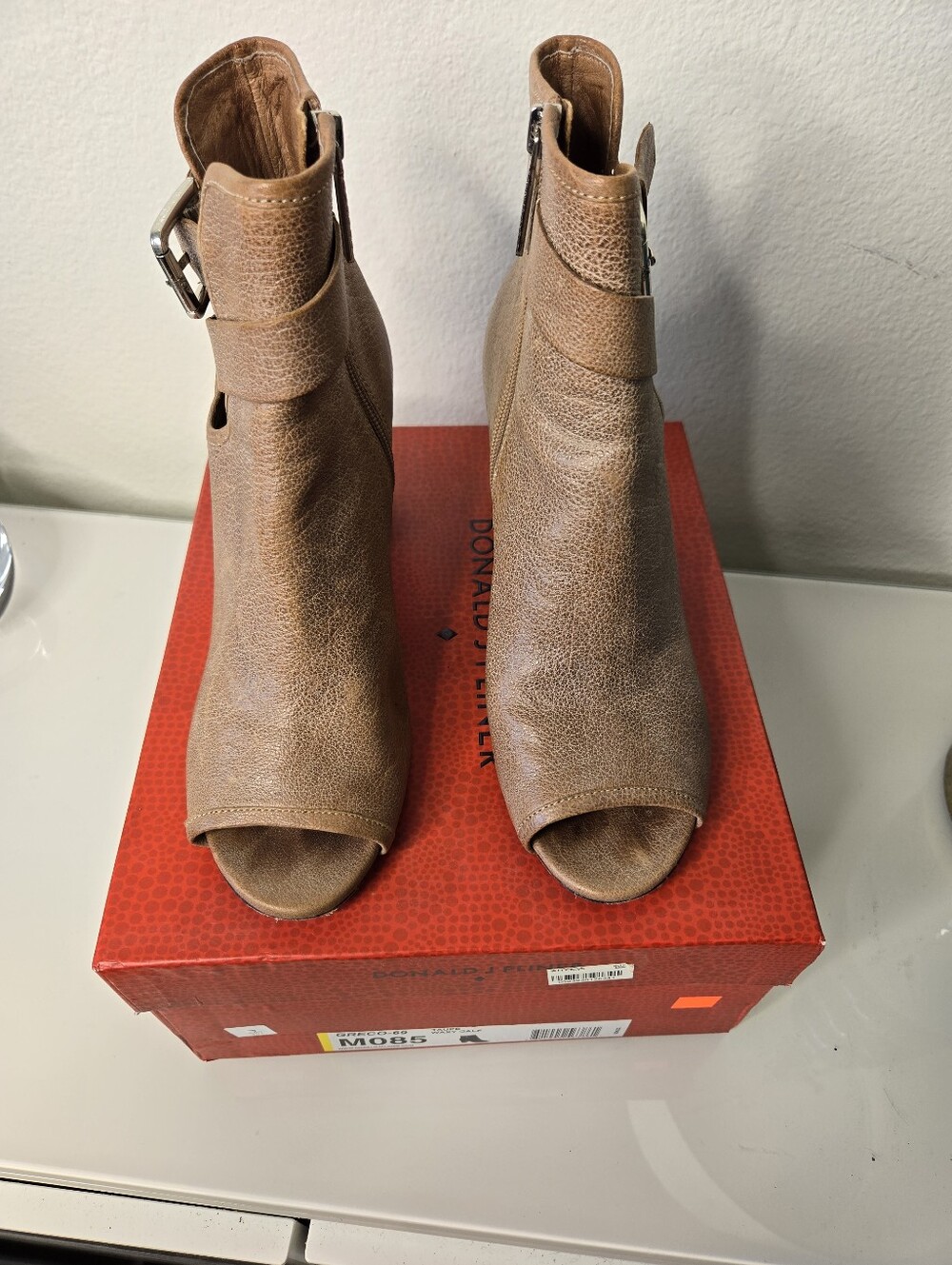 Donald J. Pliner " Greco 69" Tan/ Nat Open-Toe Leather Ankle Booties with Buckle